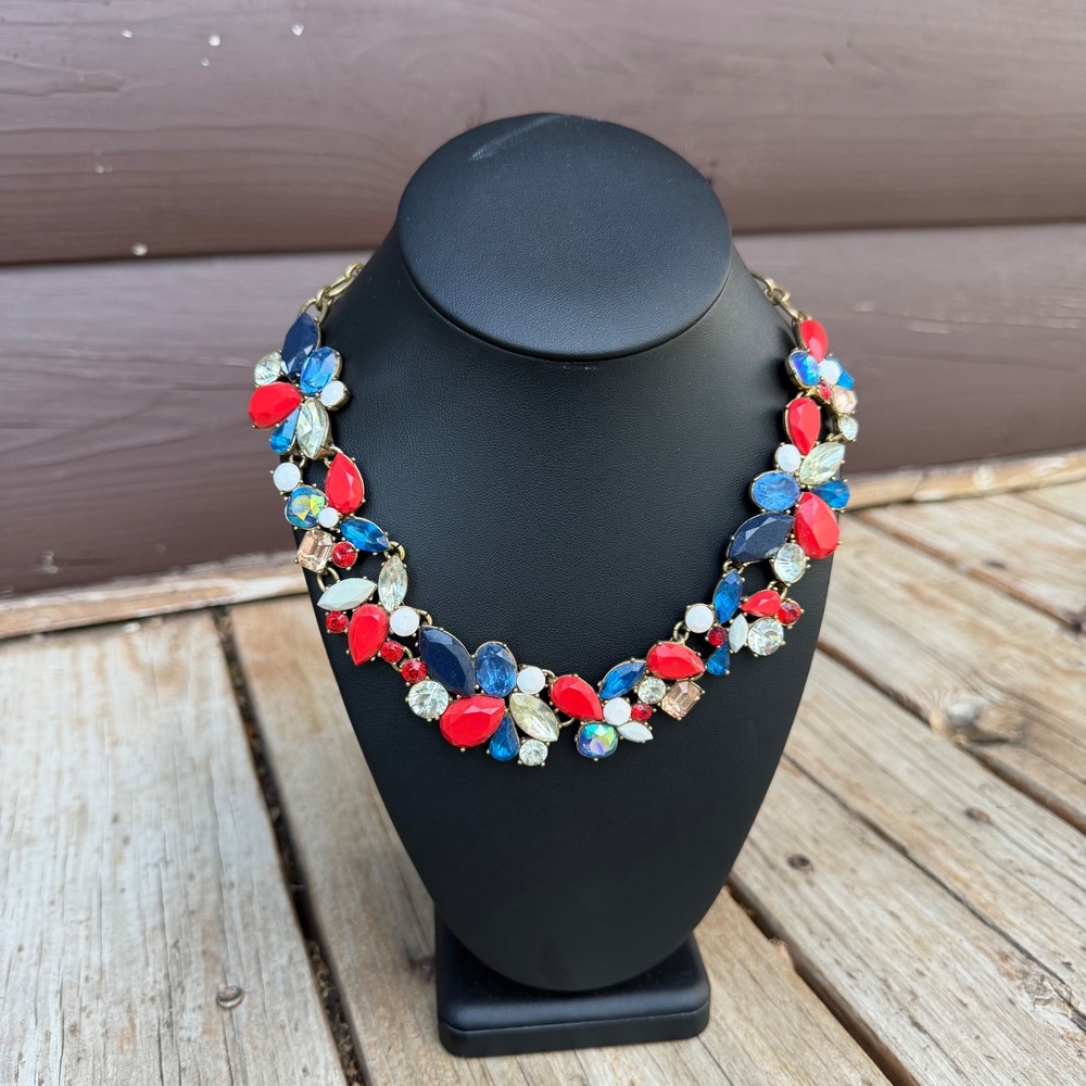 J. Crew Patriotic Red White & Blue Rhinestone Statement Bib Necklace‎